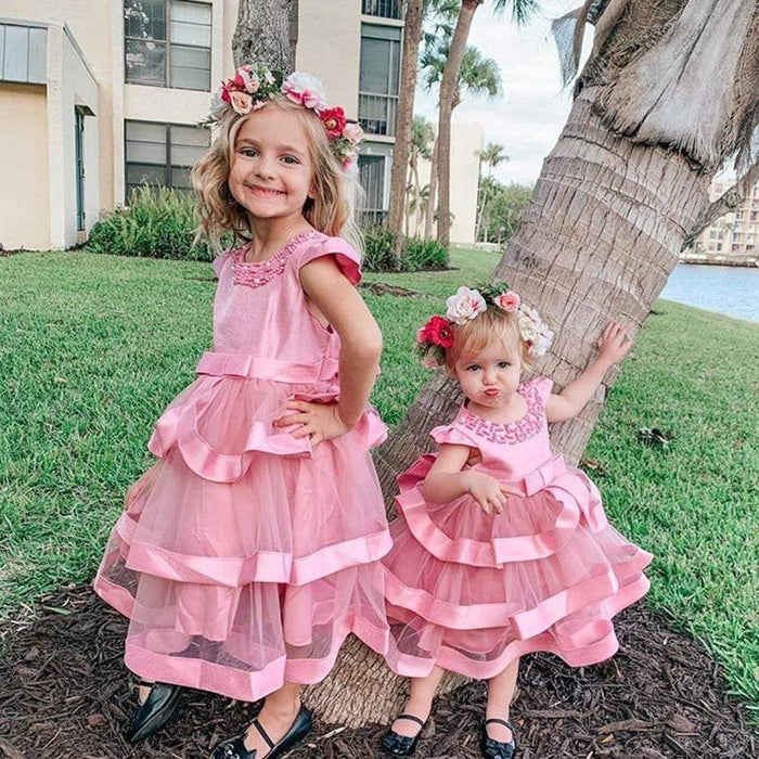 Girl's Clothing Girls Pearl Beaded Mesh Layered Dress Elegant New Year Princess Children Party Dress Wedding Gown Dresses AwsomU