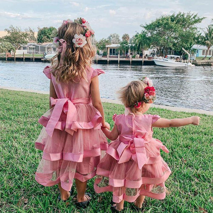 Girl's Clothing Girls Pearl Beaded Mesh Layered Dress Elegant New Year Princess Children Party Dress Wedding Gown Dresses AwsomU