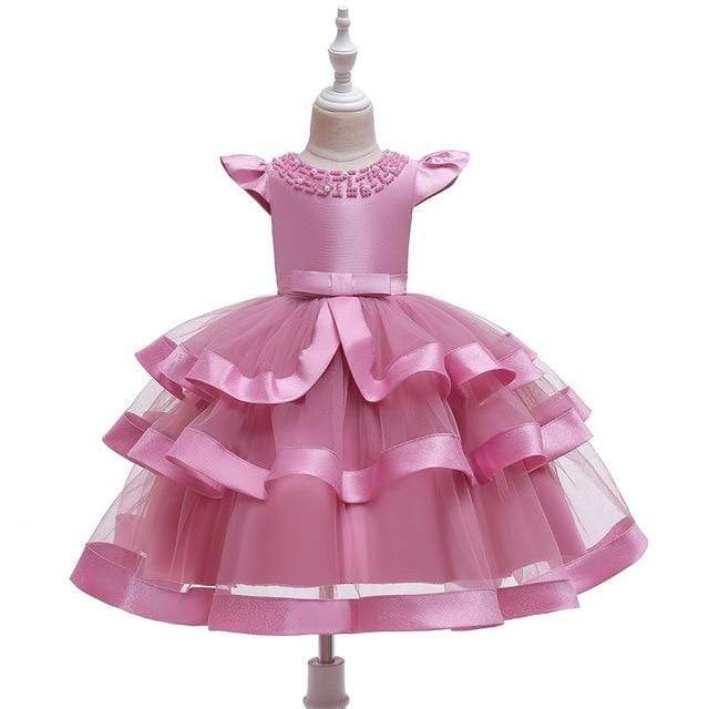 Girl's Clothing Girls Pearl Beaded Mesh Layered Dress Elegant New Year Princess Children Party Dress Wedding Gown Dresses AwsomU