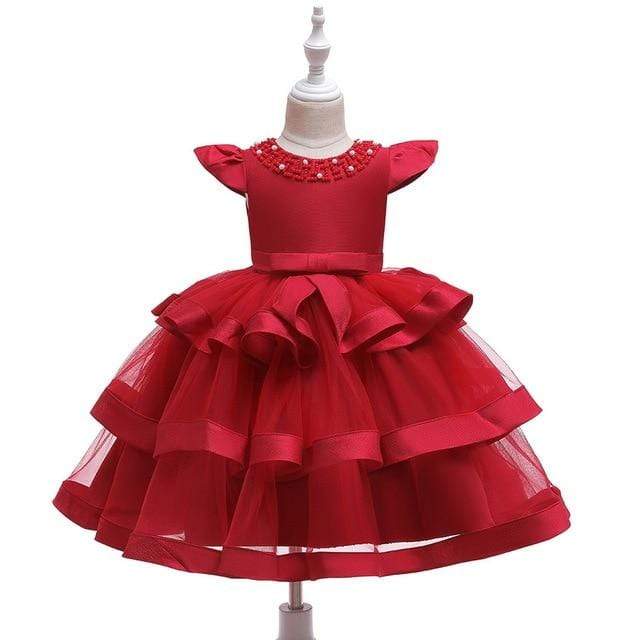 Girl's Clothing Girls Pearl Beaded Mesh Layered Dress Elegant New Year Princess Children Party Dress Wedding Gown Dresses AwsomU