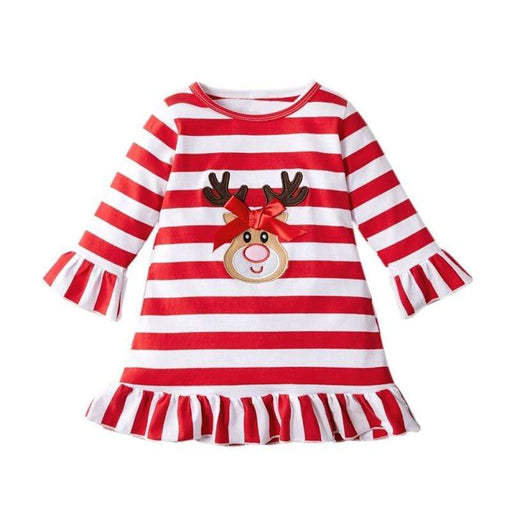 Girl's Dresses Baby Dress Long Sleeve Cotton Round Neck Ruffled Striped Christmas AwsomU