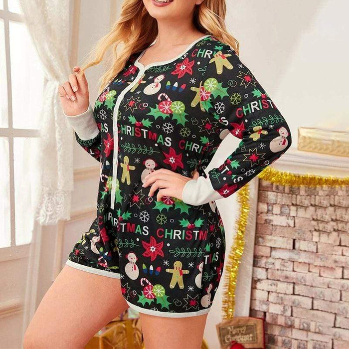 Pajamas 2021 New Women's Pajamas Romper Jupsuit Christmas Snowmen Printed Long Sleeve Loose Night Clothes AwsomU