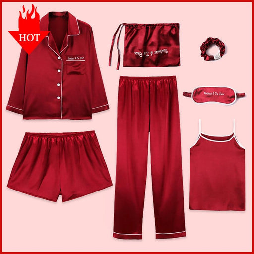 Pajamas 7 Pieces Pajamas Sets Stain Faux Silk Tops Shorts Shirt Pants Women's Sleepwear Sets AwsomU