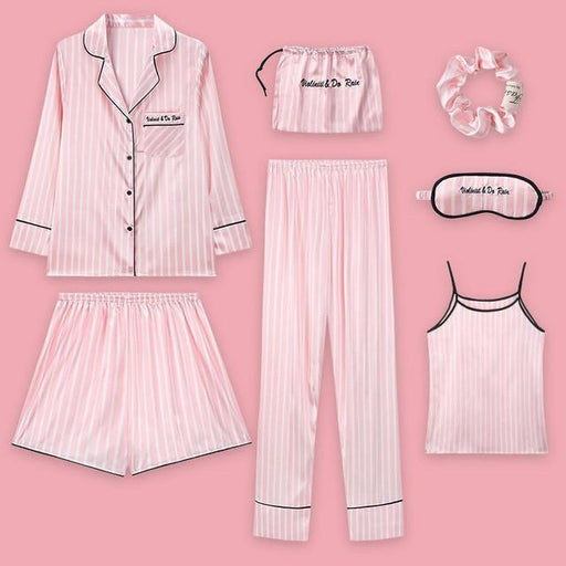 Pajamas 7 Pieces Pajamas Sets Stain Faux Silk Tops Shorts Shirt Pants Women's Sleepwear Sets AwsomU