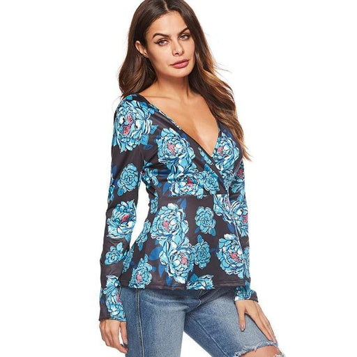 Tops & Blouses Women Deep V neck Long Sleeve Floral Top AwsomU