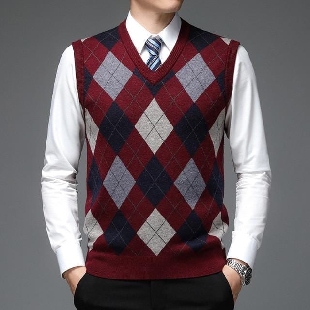 Men's Sweater New Fall Fashion Designer Brand Pullover Diamond Sweater V Neck Knit Vest Men Wool Sleeveless Casual Men Vests AwsomU