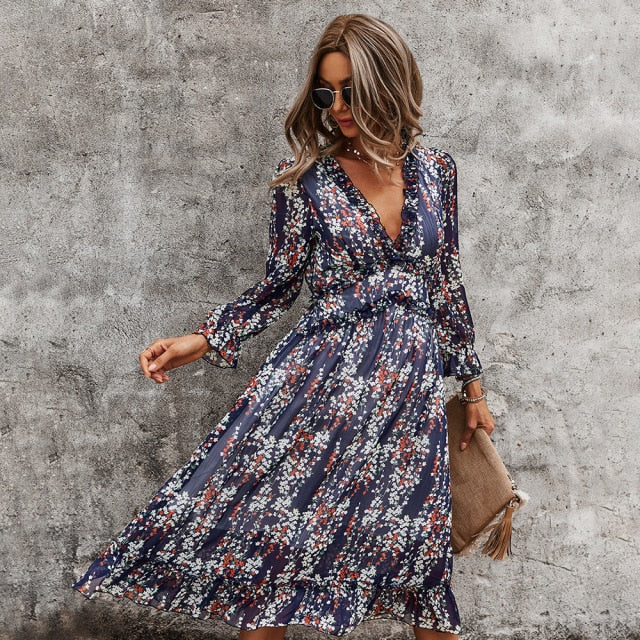 Dresses Sexy V Neck Floral Dress Ladies 2022 New Butterfly Sleeve High Waist Casual Print Dresses For Women Summer Chiffon Dress AwsomU