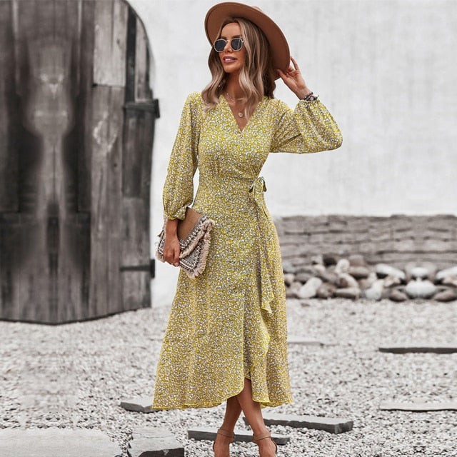 Dresses Spring Summer Long Bandage Print Dress For Women 2022 New V Neck Full Sleeve Hight Waist Winter Maxi Dresses Ladies Elegant Dresses AwsomU