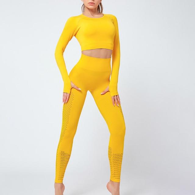 Women's Two Piece Suit Vital Women Sport Suit Fitness Set Gym Workout Clothes Long Sleeve Fitness Crop Top + High Waist Energy Seamless Leggings AwsomU