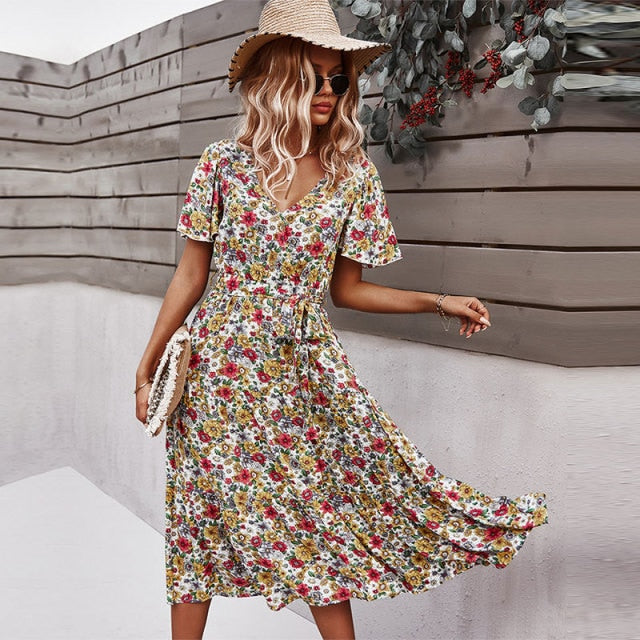 Dresses 2022 Spring New Short Sleeve Floral Dress Women Casual High Waist Sexy V Neck Print Dress For Woman Summer Long Dress AwsomU