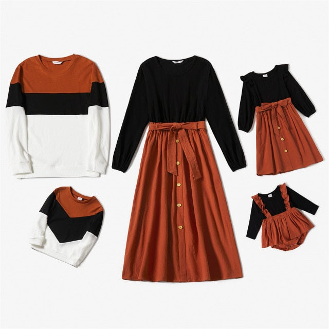 Girl's Dresses Summer Family Matching Outfits Black Cotton Long sleeve Splicing Midi Womens Dresses and Color Block Sweatshirts Sets Matching Family Outfits AwsomU