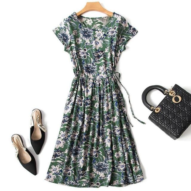 Dresses Mid length floral dress female retro high waist big swing print dress AwsomU