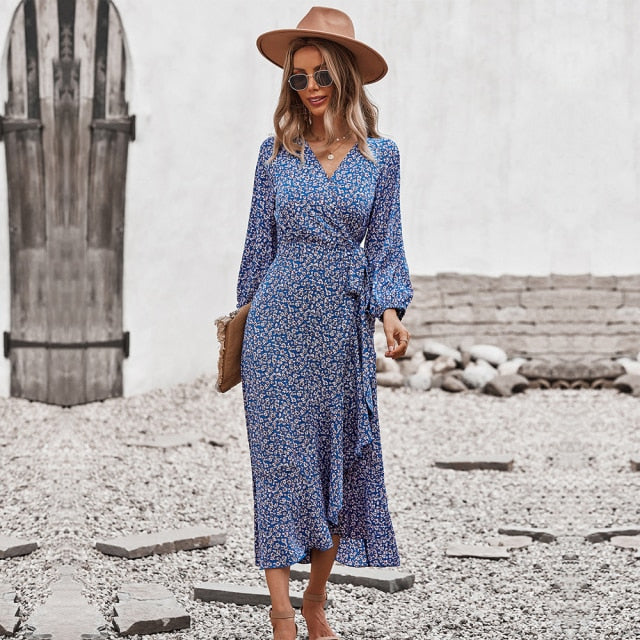 Dresses Spring Summer Long Bandage Print Dress For Women 2022 New V Neck Full Sleeve Hight Waist Winter Maxi Dresses Ladies Elegant Dresses AwsomU