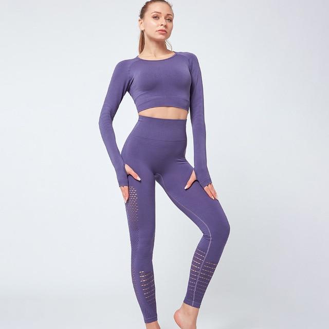 Women's Two Piece Suit Vital Women Sport Suit Fitness Set Gym Workout Clothes Long Sleeve Fitness Crop Top + High Waist Energy Seamless Leggings AwsomU