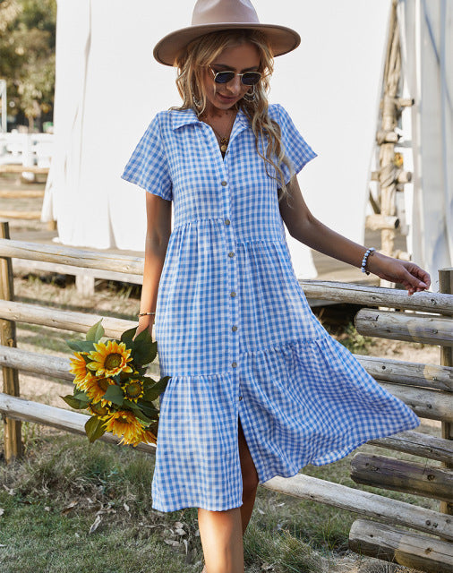 Dresses New Ladies Vintage Boho Summer Dress Women Midi Casual Loose Holiday Plaid Beach Shirt Dress Women Sundress AwsomU