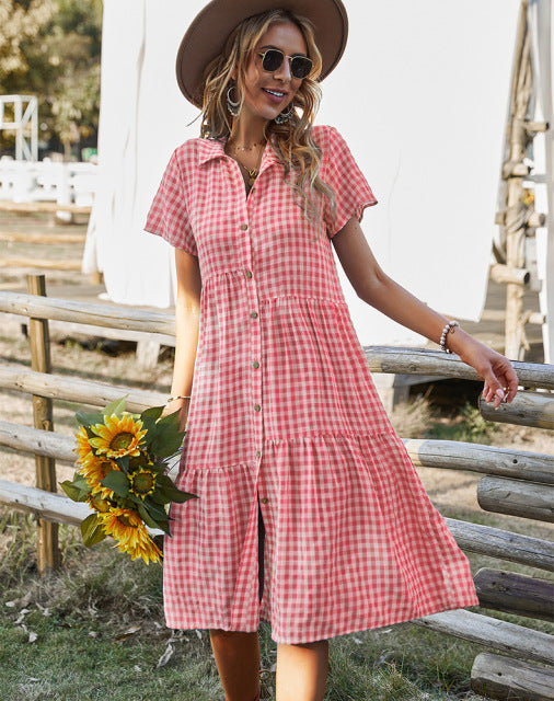 Dresses New Ladies Vintage Boho Summer Dress Women Midi Casual Loose Holiday Plaid Beach Shirt Dress Women Sundress AwsomU