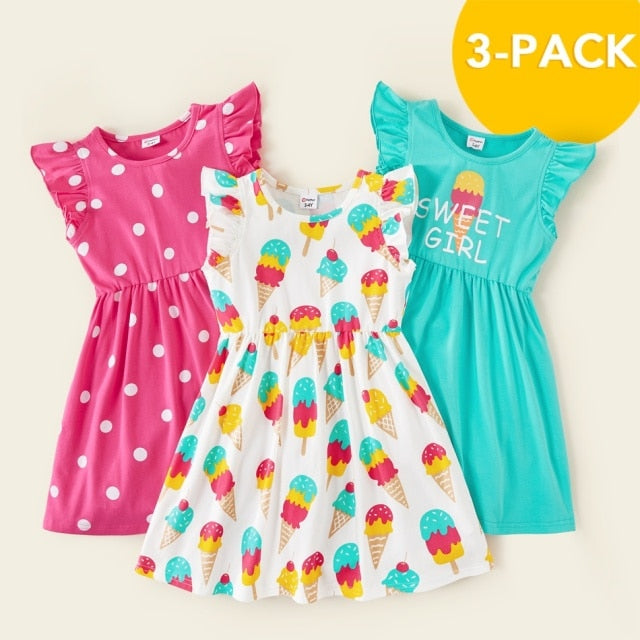 Girl's Dresses Summer 3 Pack Girls Dresses Toddler Ice Cream Polka Dots Childrens Clothing New Arrival 3 6Y Dresses AwsomU