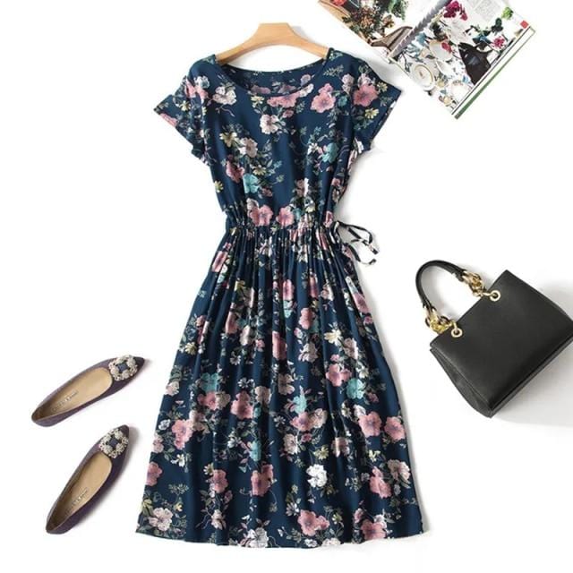 Dresses Mid length floral dress female retro high waist big swing print dress AwsomU