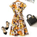 Dresses Mid length floral dress female retro high waist big swing print dress AwsomU