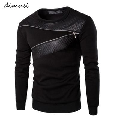 Men's Sweater DIMUSI Leather Patchwork Hoodies Men Zipper Decoration Long Sleeve Sweatshirt AwsomU