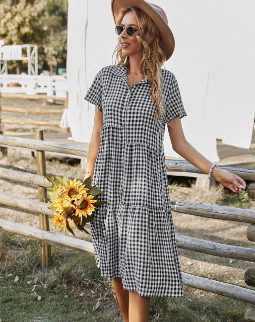 Dresses New Ladies Vintage Boho Summer Dress Women Midi Casual Loose Holiday Plaid Beach Shirt Dress Women Sundress AwsomU