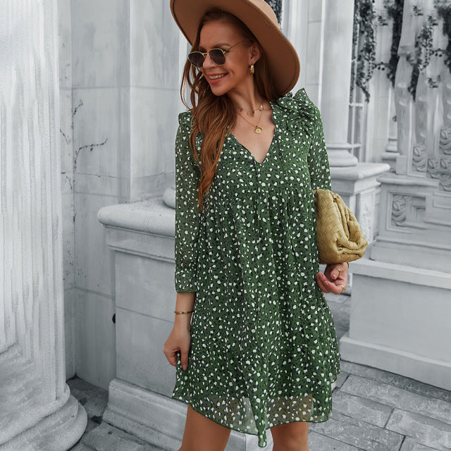 Dresses Ladies Vintage Boho Spring Summer Print Chiffon Dress Women Casual Ruffles Loose Bohemian Beach Mini Women Dress AwsomU