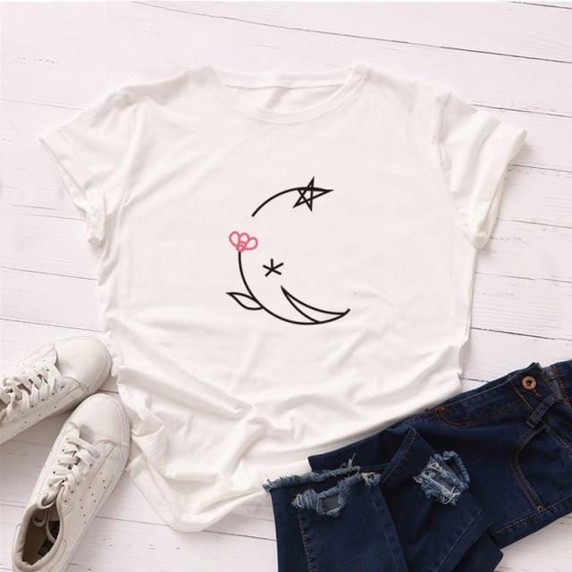 Women's T-Shirt 100% Cotton Women Graphic T shirt Love Heart Print Short Sleeve Tee Tops Casual O Neck AwsomU