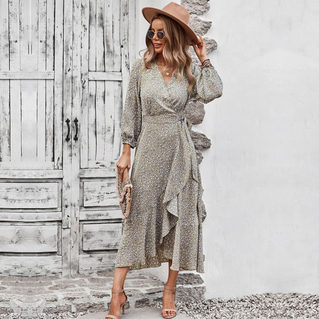 Dresses Spring Summer Long Bandage Print Dress For Women 2022 New V Neck Full Sleeve Hight Waist Winter Maxi Dresses Ladies Elegant Dresses AwsomU