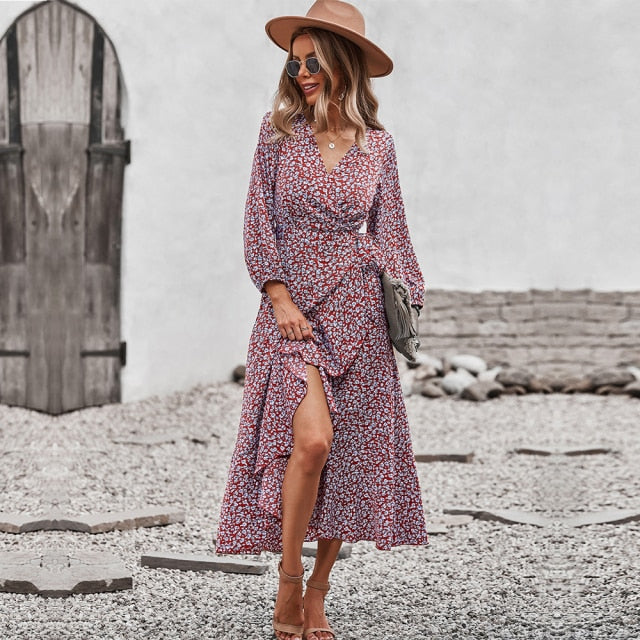 Dresses Spring Summer Long Bandage Print Dress For Women 2022 New V Neck Full Sleeve Hight Waist Winter Maxi Dresses Ladies Elegant Dresses AwsomU