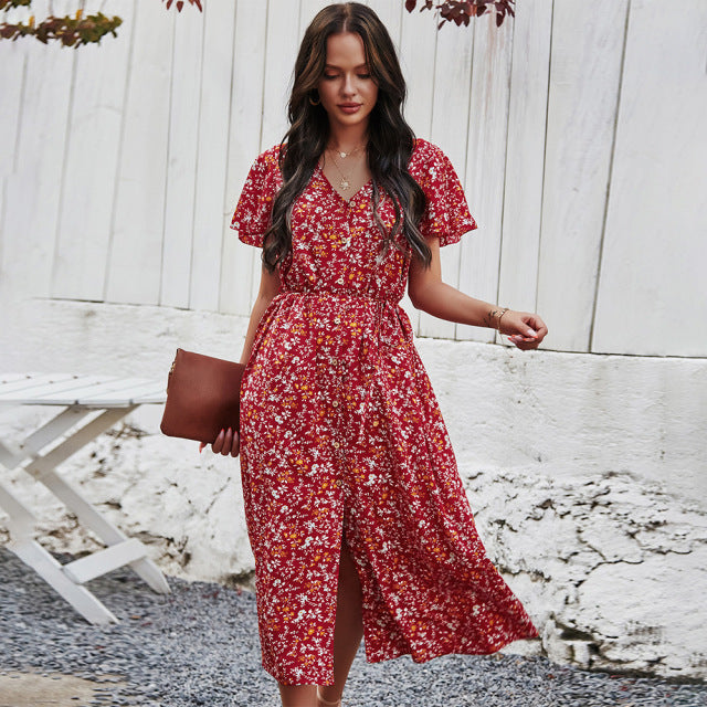 Dresses New Ladies Vintage Maxi Floral Print Summer Dress Women Slim Casual High Waist Button Bohemian Women Beach Dress AwsomU