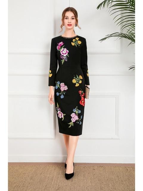 Dresses Runway Designer Women Elegant Knee Length Pencil Dress Diamond O Neck Slim Flower Embroidery Dresses AwsomU