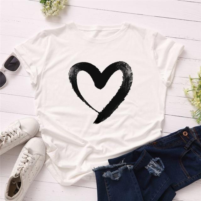 Women's T-Shirt 100% Cotton Women Graphic T shirt Love Heart Print Short Sleeve Tee Tops Casual O Neck AwsomU