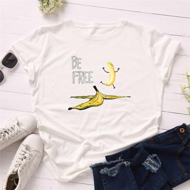 Women's T-Shirt Women's Cotton T shirt Fruit Banana Print Tops Short Sleeve Tees Crew Neck Be Free AwsomU