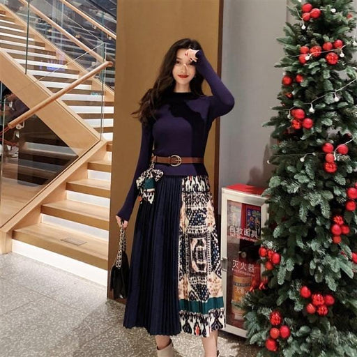 Dresses New Spring Fall Elegant Knitted Patchwork Pleated Midi Dress Women Long Sleeve Retro Runway Printing chic Dresses AwsomU
